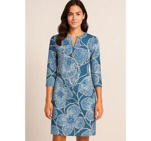 Blue Floral Toile V-Neck Midi Dress Stretch Athleisure Travel Catalina Cloth